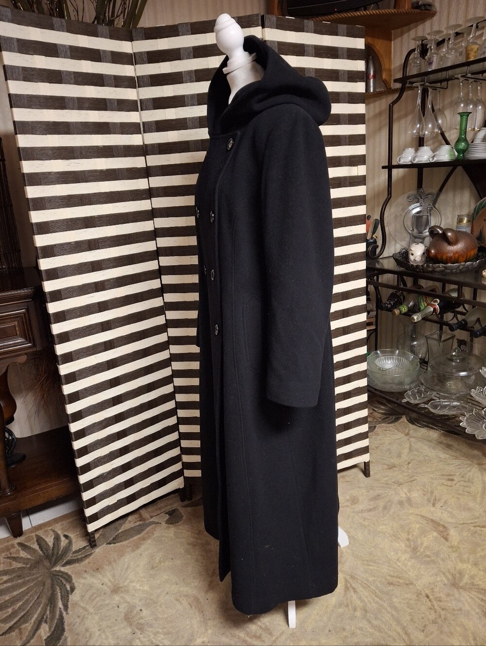 Anne Klein Black Hooded Double-Breasted 100% Wool Long Coat Women Size 16 - Picture 10 of 16